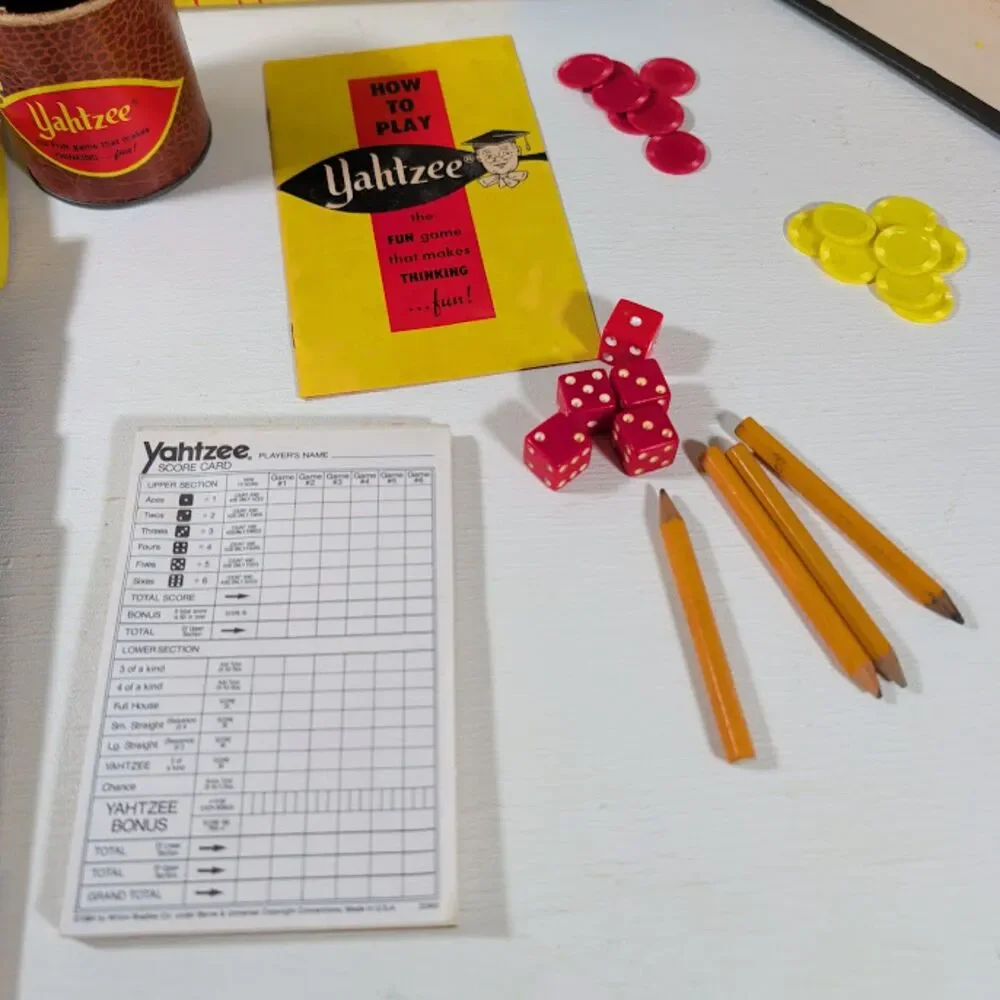 Vintage 1967 Lowe Yahtzee Dice Game Complete Dice Cup Score Pads Chips Pencils